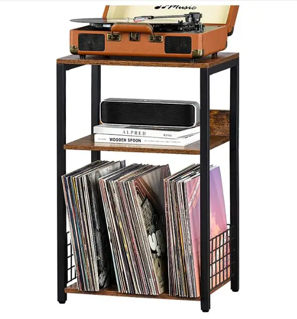 Brown Record Player Stand for Living Room Bedroom,3 Tier End Table,Record Player table with Storage,vinyl record storage
