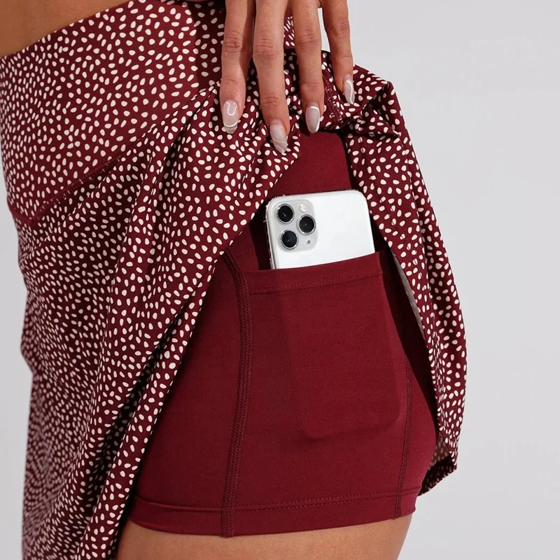 Custom Logo Wholesale High Waist Recycled Sportswear Dress Fit Side Pockets Red Dot Printed Mini Pleated Tennis Skort For Women