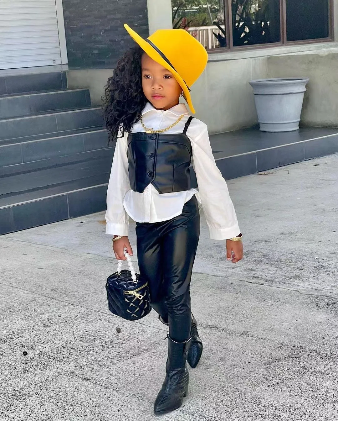 Fall New Slim PU Leather Pants Girl Clothes White Shirt PU Small Vest Kids Clothing 3-Piece Leisure Clothing Sets