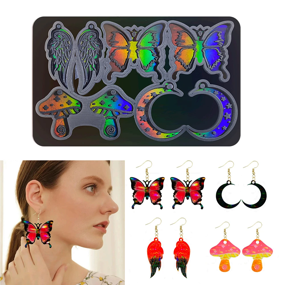 2023 New Arrival Holographic Laser Earrings Silicone Mold Wings Butterfly Mushroom Moon Earring  Mold Holographic Earrings
