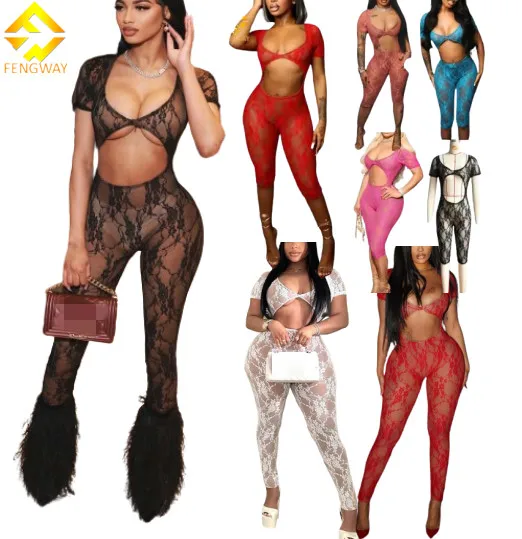 Short Sleeve Mesh Hollow Out 2024 See Through One Piece Jumpsuits Sexy Lace Tight Romper Short Sleeve Bodysuits For Women