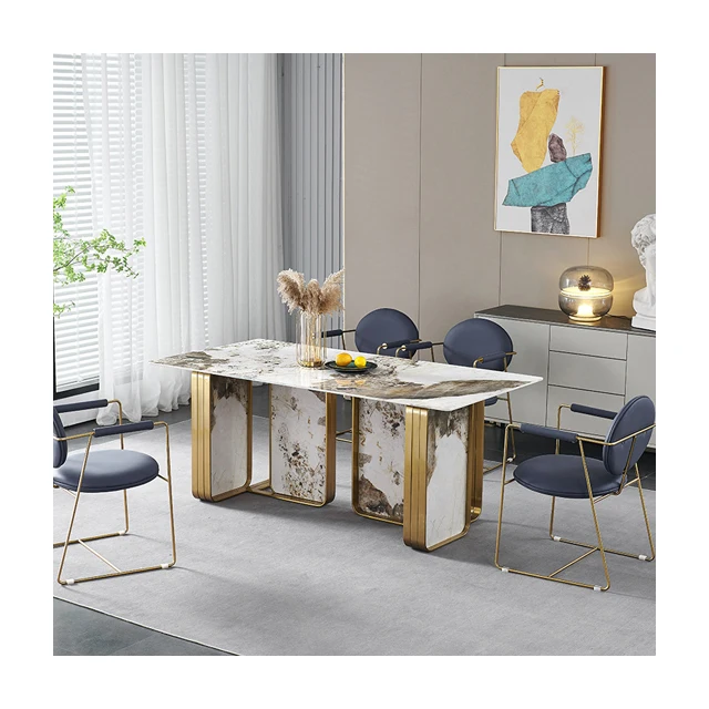 Stainless Steel Vacuum Plating New Household Furniture Sintered Stone Slab Top Rectangular Dining Table