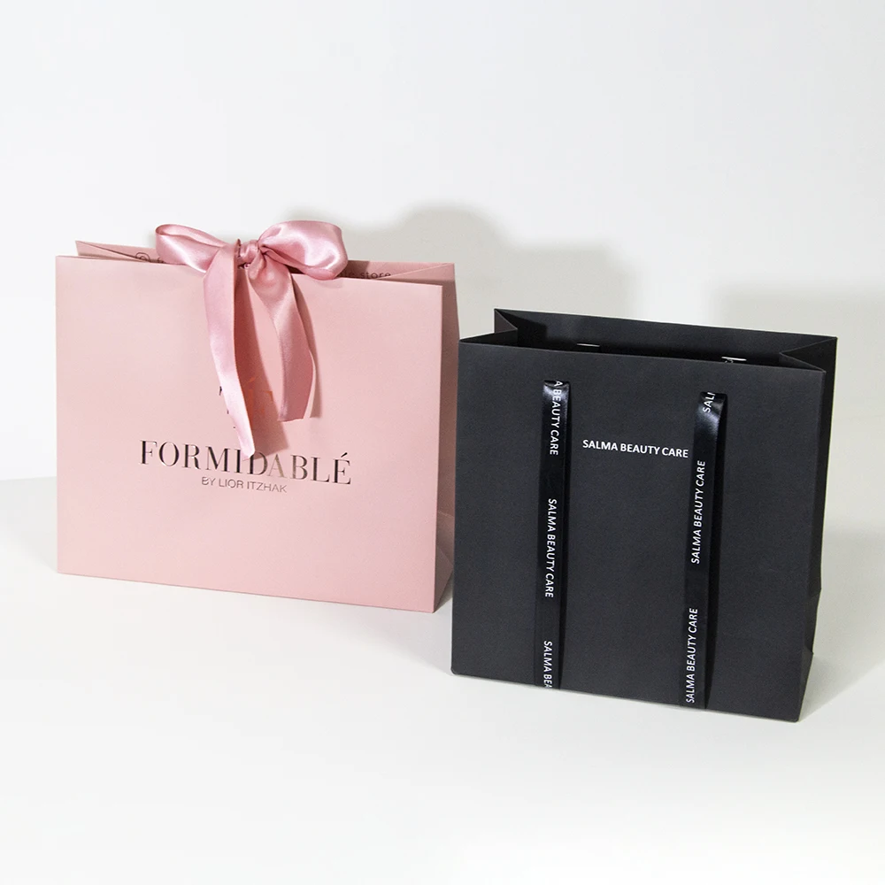 Paper Bag Ribbon Satin Handle Custom Necklace Ring Bracelet  Packaging White Paper Bag with Your Own Logo