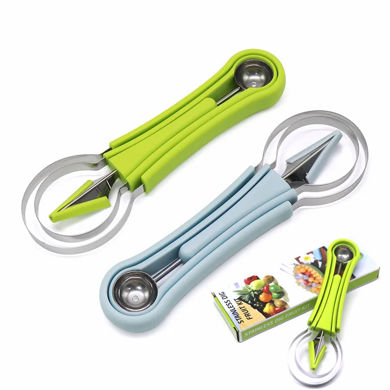 4 in 1 Multifunction Kitchen Gadgets Fruit Decoration Stainless Steel Melon Scoops Ballers Dig Fruit Carving Garnishing Tool Set