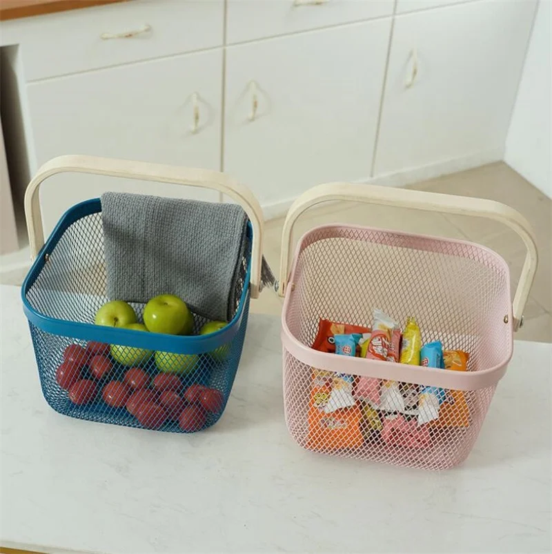 Multi-Functional Metal Wire Hanging Kitchen Fruit Basket with Bamboo Handle for Kitchen storage