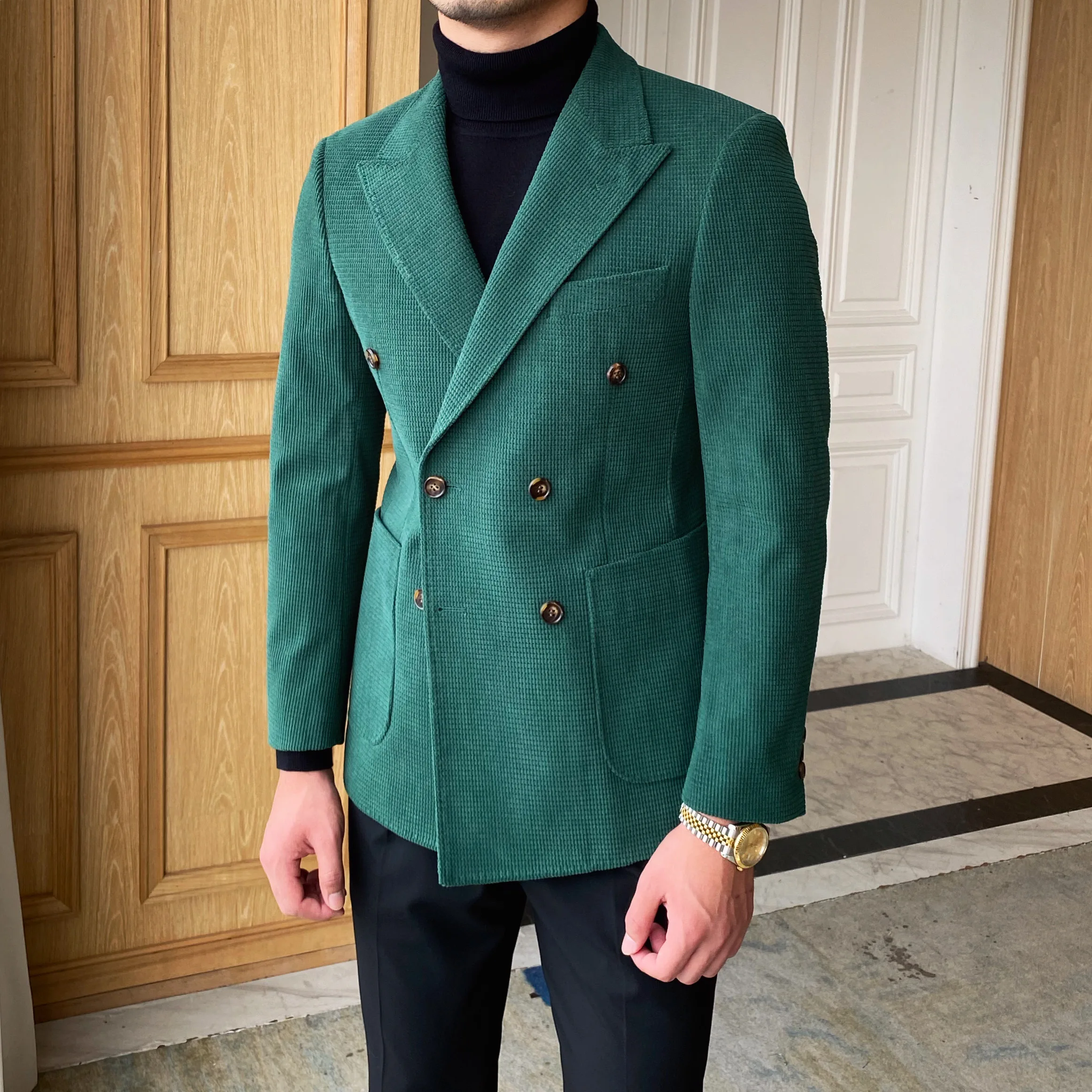 Autumn and winter Slim double-breasted suit jacket luxury corduroy leisure suit