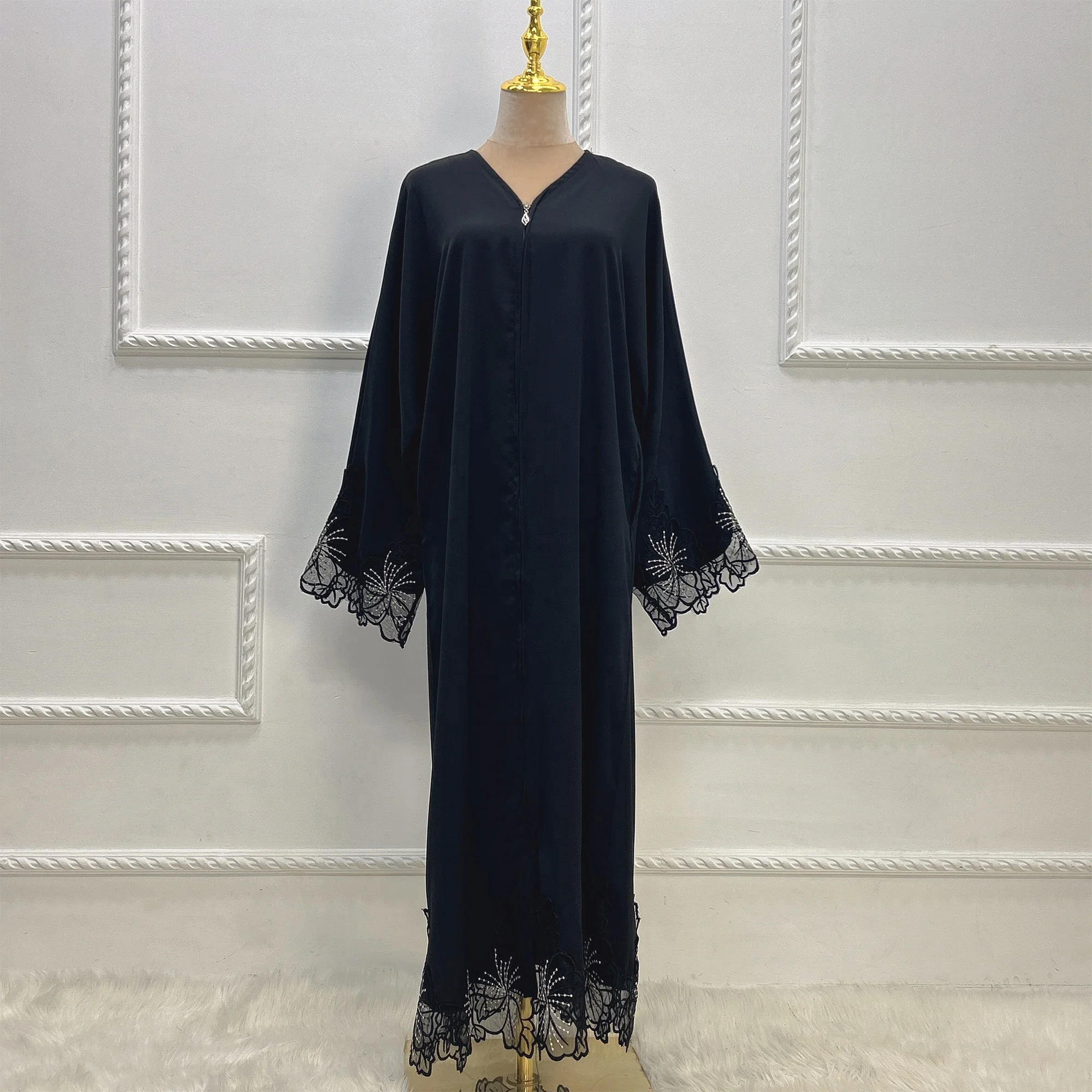 Loriya Clearance Sale Dubai Abaya Lace Embroidery Classy Black Abaya EID islamic Clothing Nida Fabric Modest Open Kimono Abaya