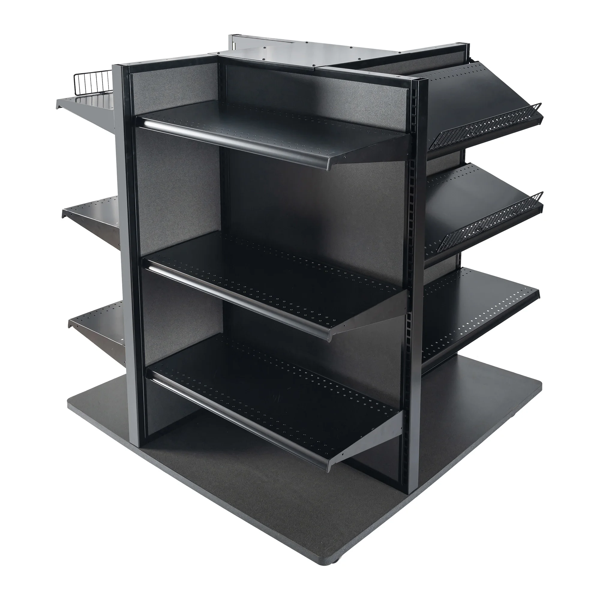 Metal stand powder coat 4 sided heavy duty black display gondola shelf for retail store super market racks