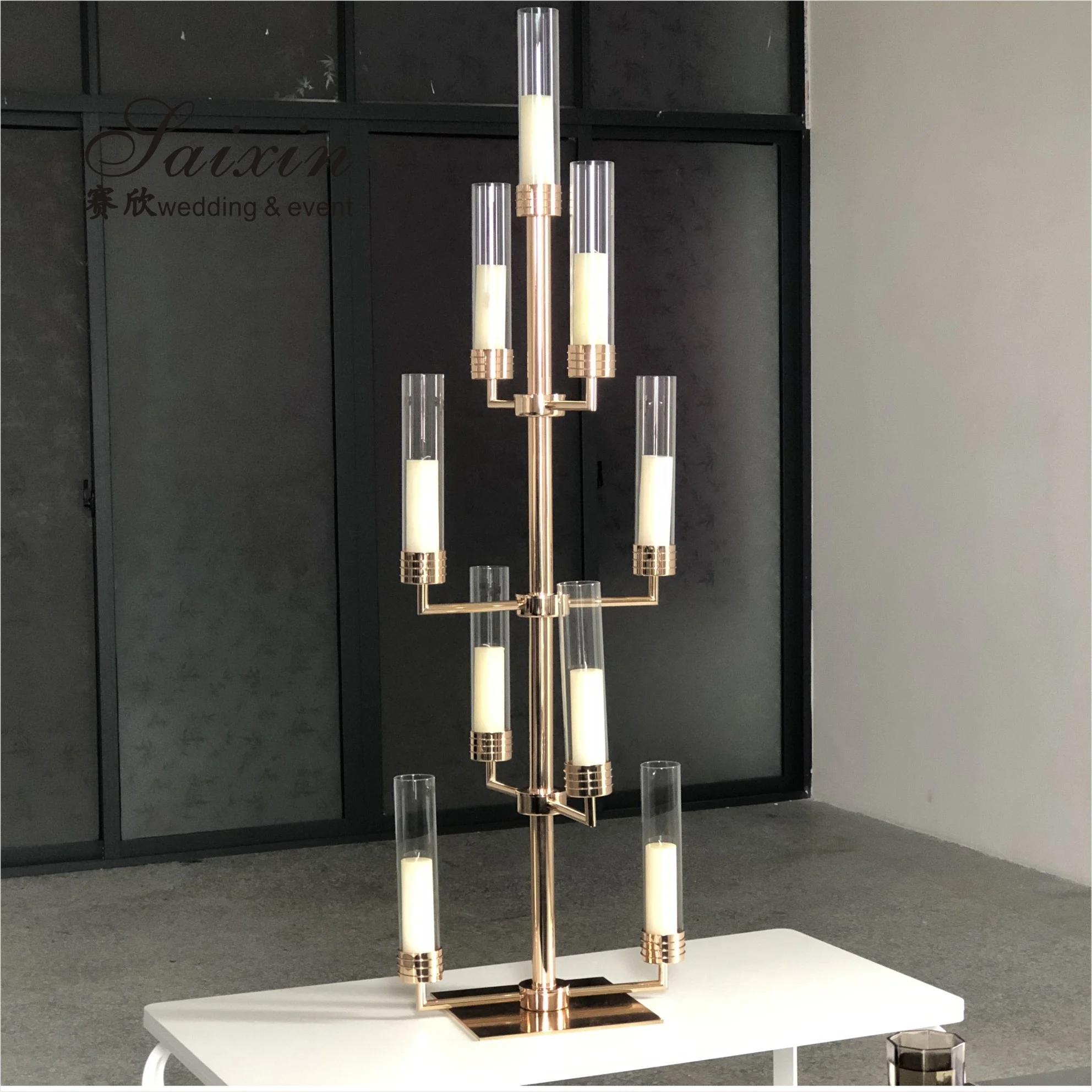 New saixin custom tall 9 arms glass tube metal candle holder for wedding centerpieces