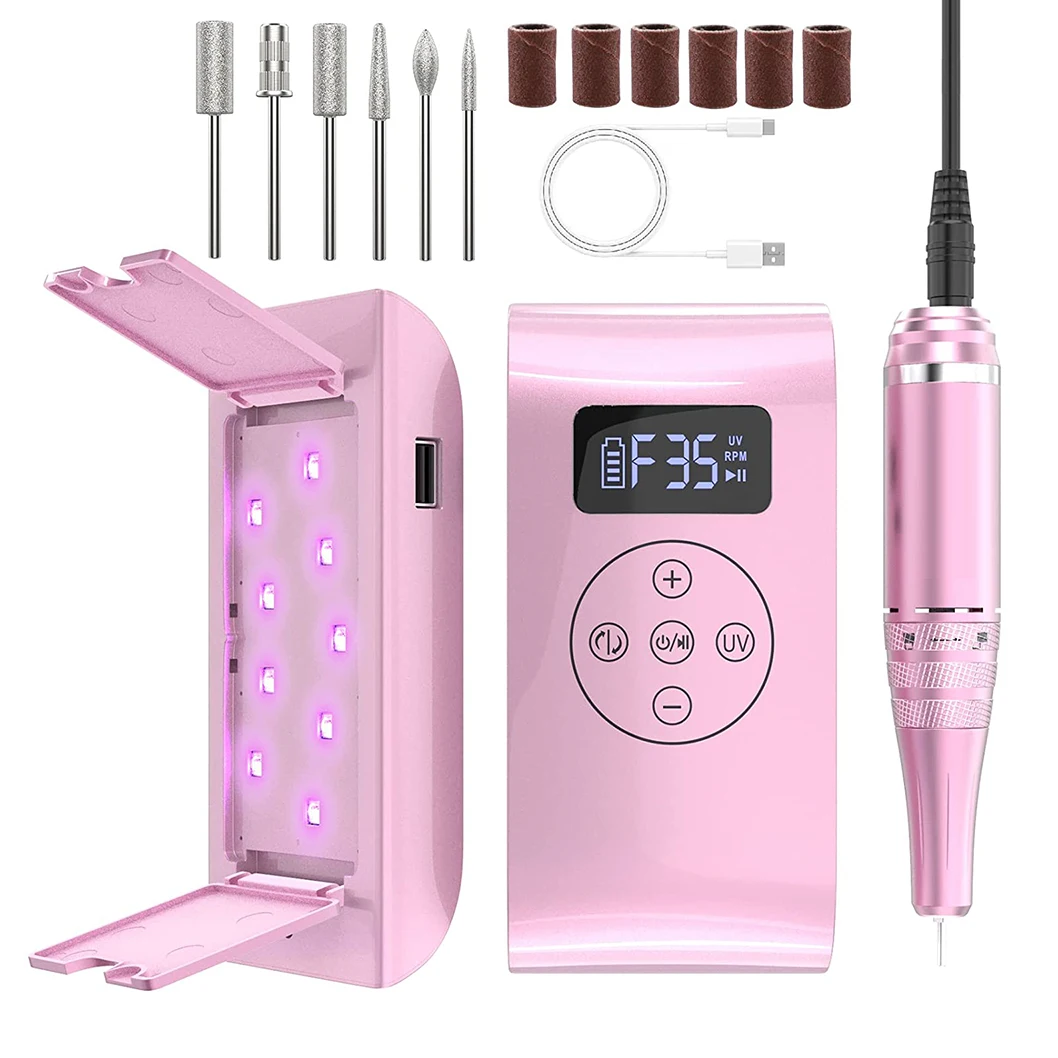 Electric charging nail polish machine rechargeable UV nail drill 35000rpm with red light UV LED Lamp