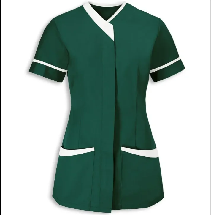60 % Polyester 40% Cotton cleaner Contrast Trim Cleaning Tunic hotel staff working short sleeve scrubs