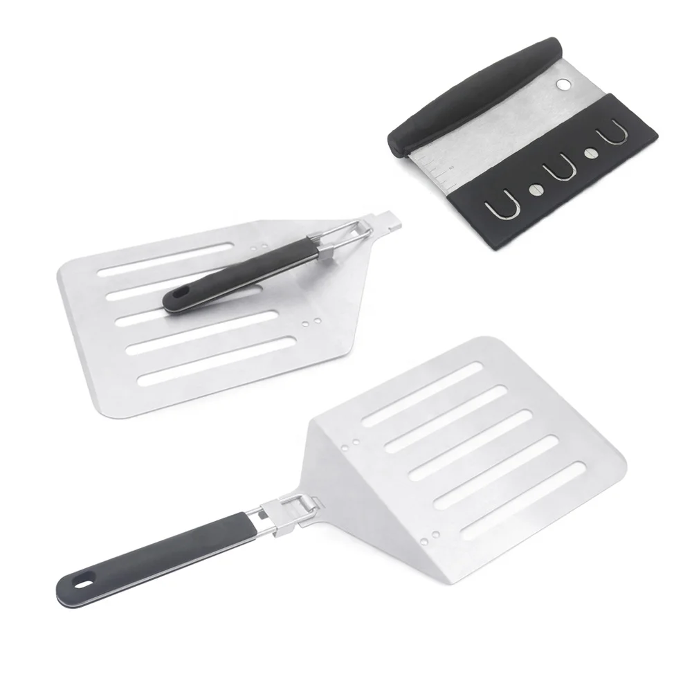 Dropshipping Stainless Steel and Aluminum Foldable Perforated Pizza Peel with Scraper Set Metal Turnover Tool