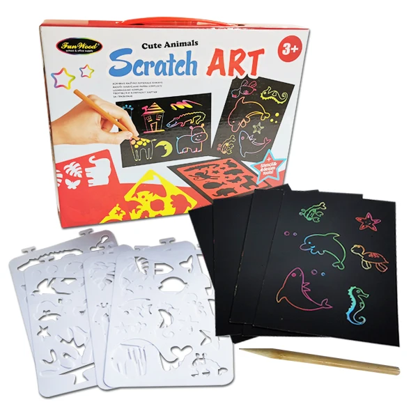 FUNWOOD GQC DIY Rainbow Scratch Art Card For Kids Stencil Gift Box Set Printing