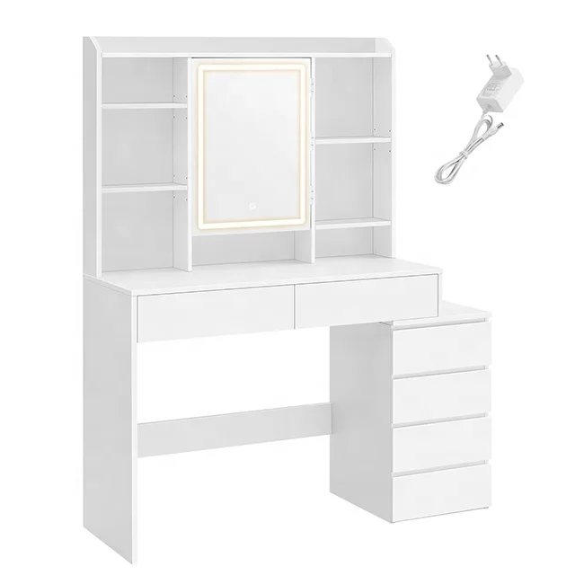 Modern Cloud White Cosmetic Table with Drawers Open Compartments Adjustable Shelve Adjustable Dressing Table with Mirror