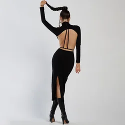 Backless Long Sleeve Bodycon Dresses Women Elegant Black Cut Out Sexy Party Club Wrap Midi Dress Autumn Wholesale Items C14356