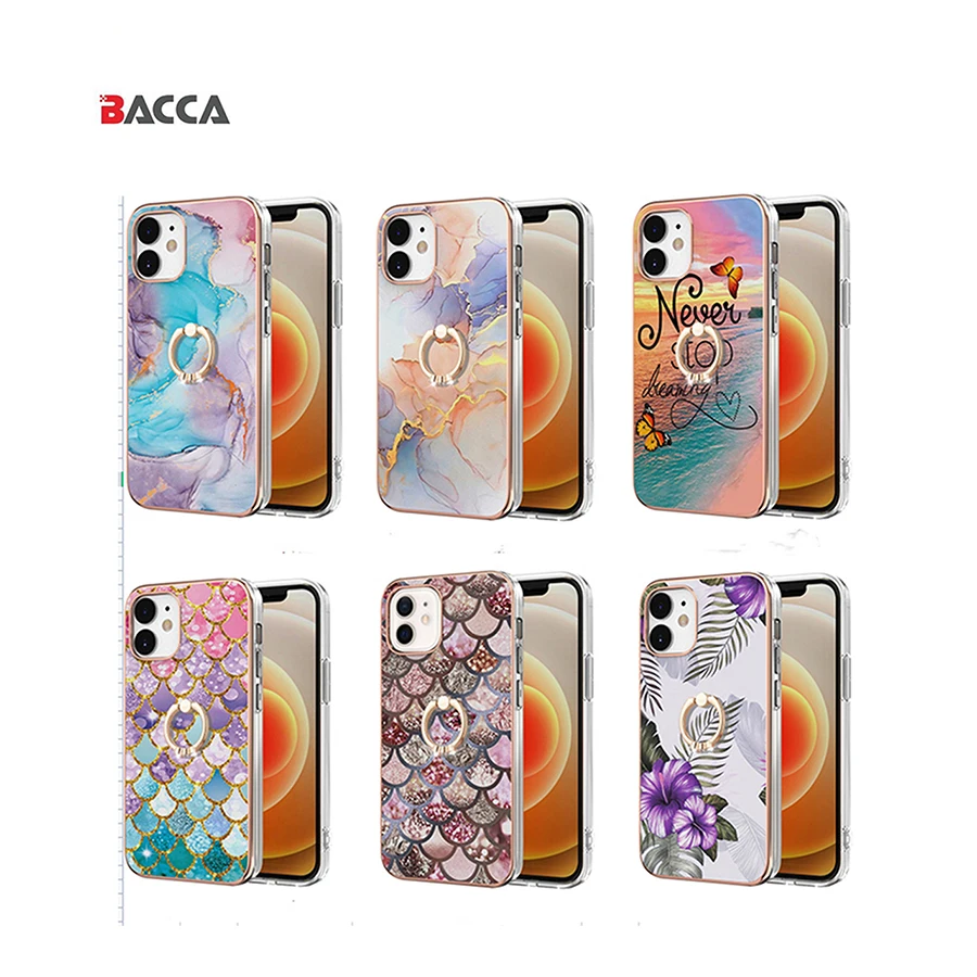 Stylish Plating Marble Shockproof  Patterns IMD Slim Fit With Soft TPU Panel Gradient For iPhone 15 14 13 ProMax Ring Phone Case