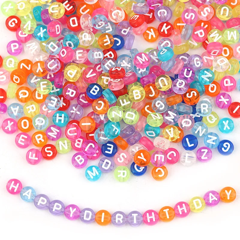 100pcs/bag Colorful Acrylic Alphabet Beads Transparent Candy Color Flat Round Loose Beads DIY Bracelet Beading Materials