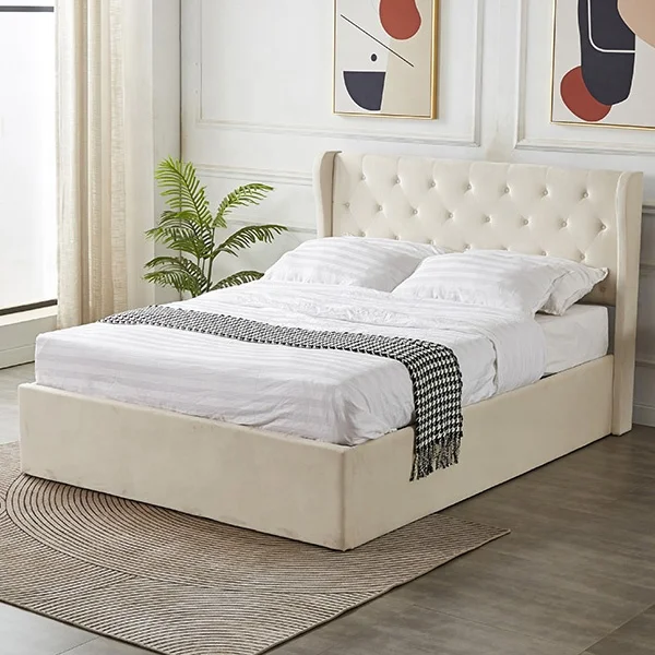 winged back wooden frame double queen king size  high quality  Handmade  ottoman gas lift leather fabric velvet storage bed