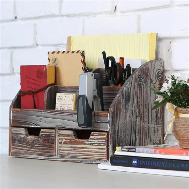 6 compartment 2 drawer supplies rack distressed torched pine wood desk organizer drawers