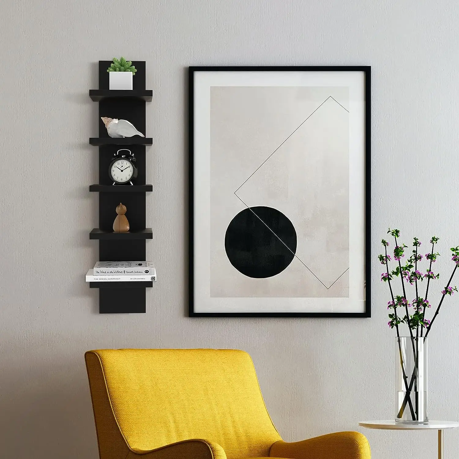 5Tier Wall Shelves Black,Vertical Column Shelf Floating Storage Home Decor Organizer Design Utility Shelving Bedroom Living Room