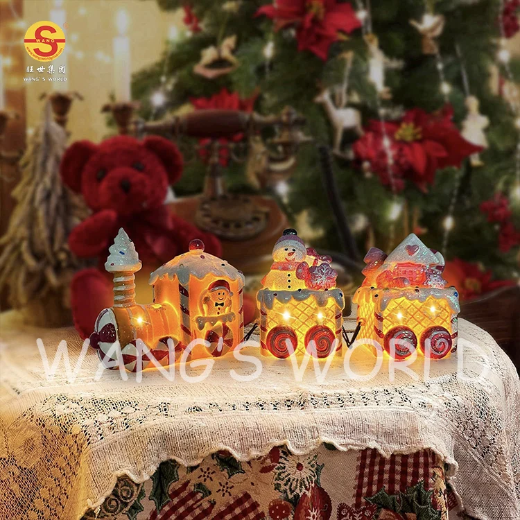Christmas Tabletop Decorations LED Lights Gingerbread Train Resin Christmas Snowman Figurine Decoration LED Lights