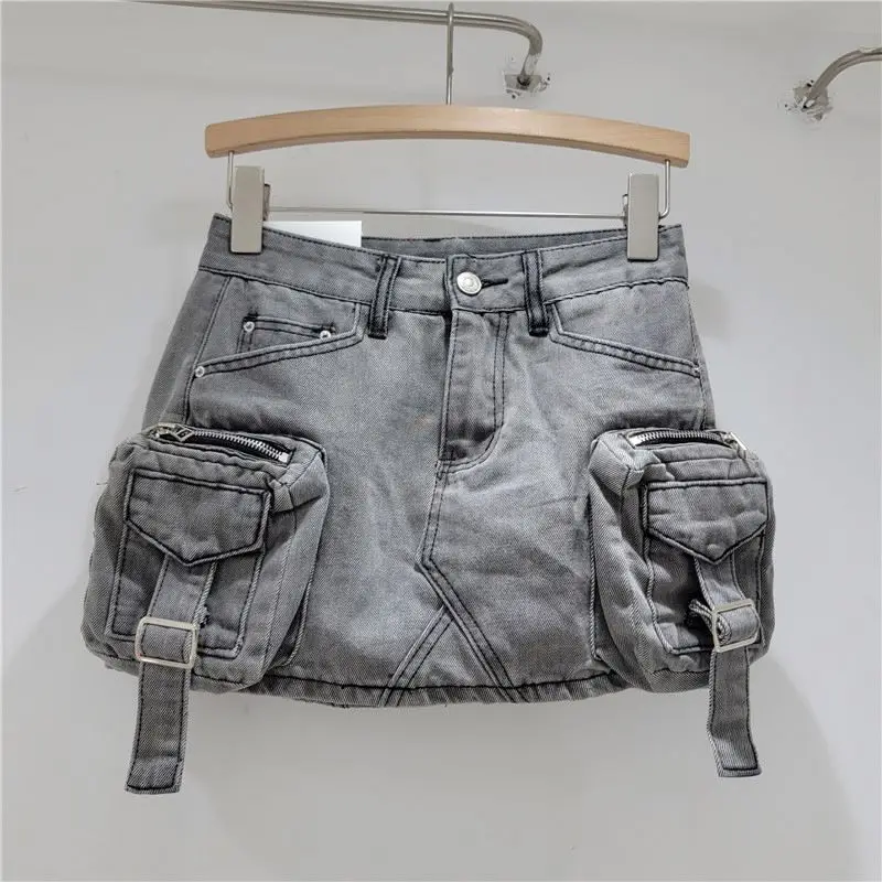 Vintage Denim Shirts Cargo Skirt Fashion Low Waist Mini A-line Jean Skirt With Pockets For Women