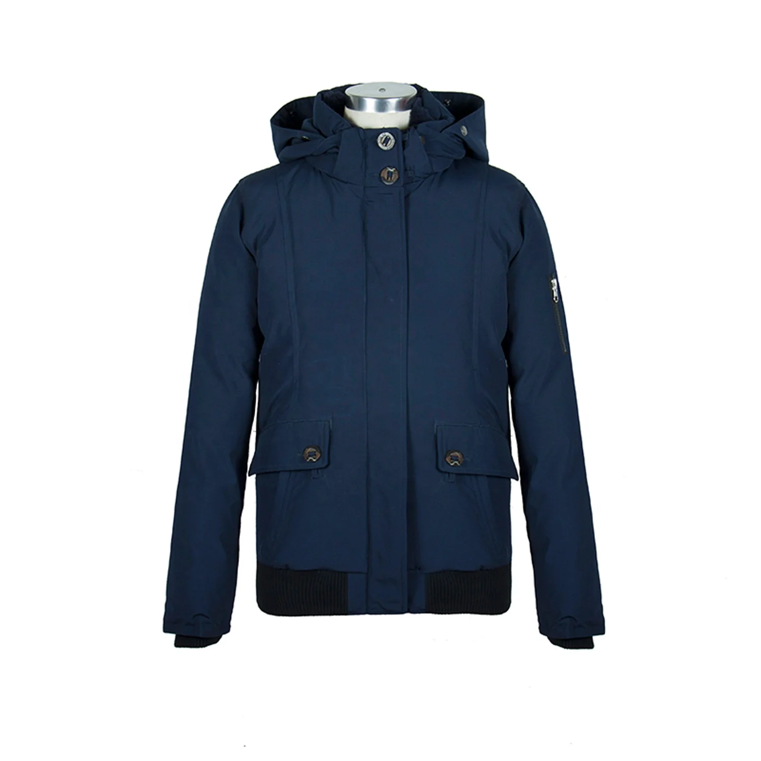 navy blue fabric coat hooded with fur custom fashion garment plus size jacket