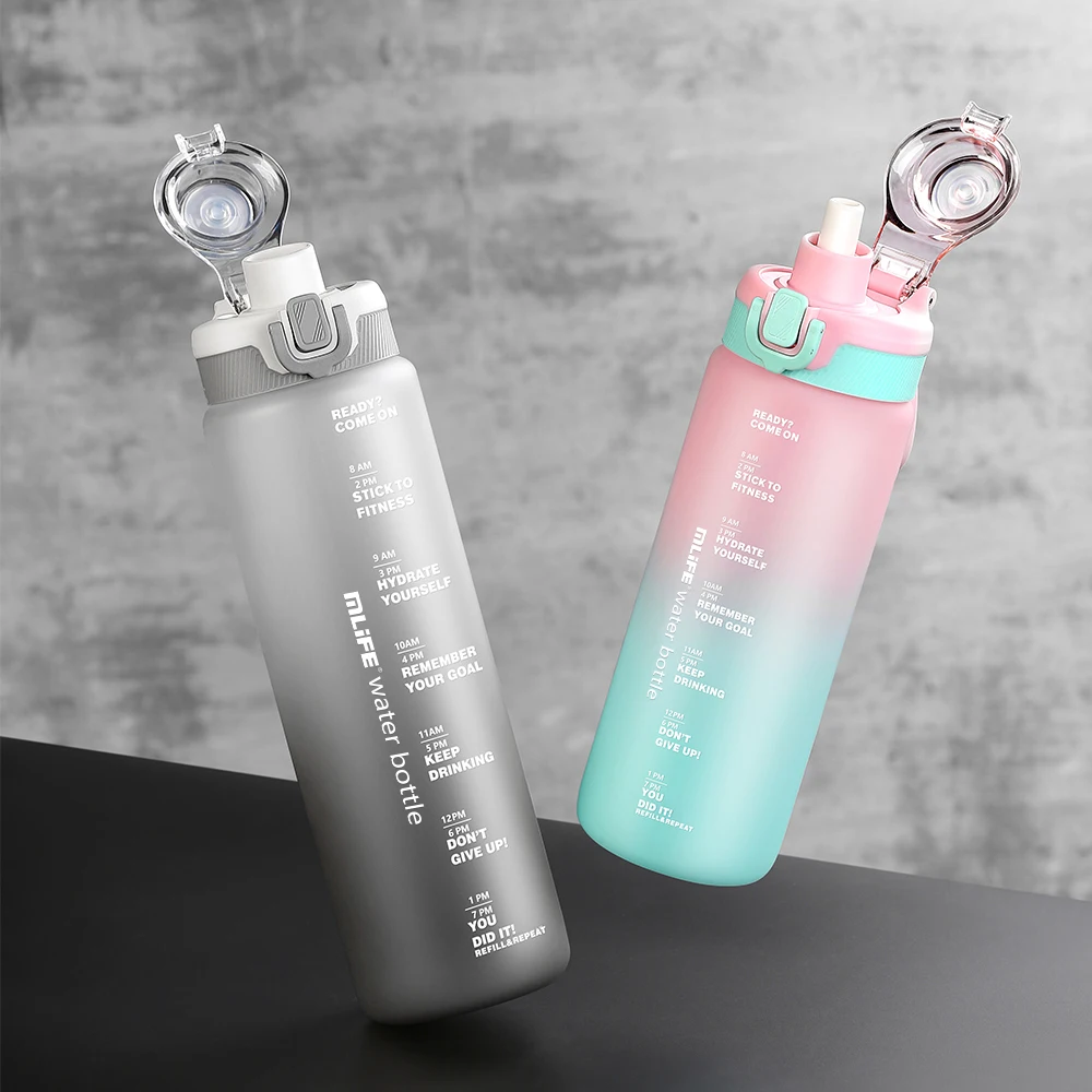 1000ML Motivational Sports Gym Plastic Water Bottles 1 Liter fitness Drinking sport tritan bottle with straw and time marker