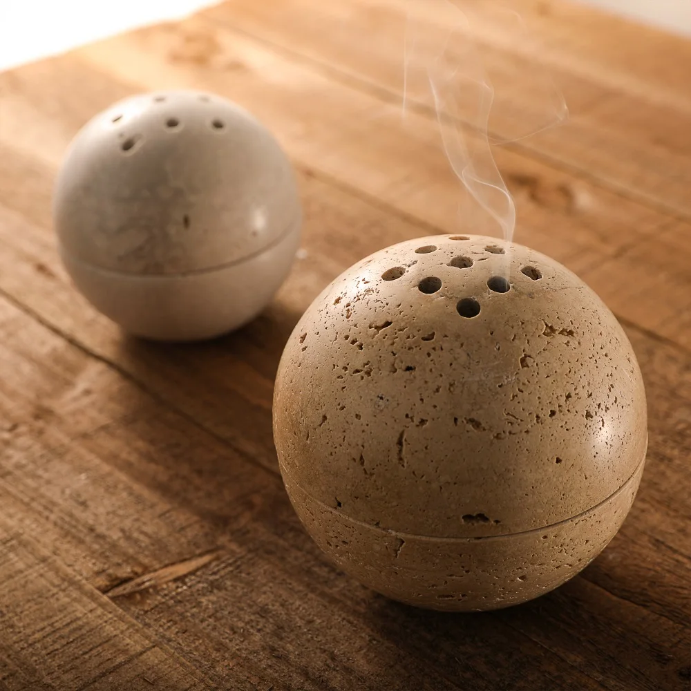Maxery 2023 Natural Travertine Aroma Diffuser Spherical Incense Burner Natural Stone Round Vaporizer Home Decor Furniture Acces