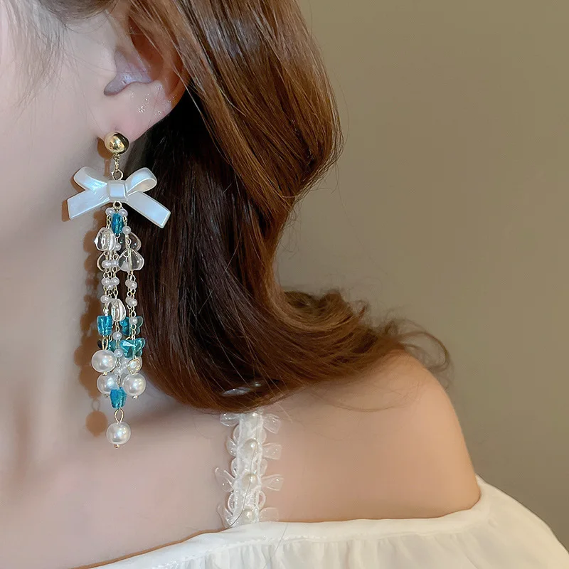 Silver Needle Bow Heart Butterfly Pearl Tassel Earrings Super Immortal Sweetness High Grade Earrings Light Luxury Earrings