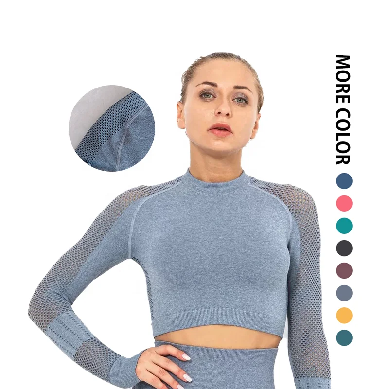 Топ, модная сетчатая одежда для йоги и тренировок, бесшовный кроп-топ для фитнеса, короткий длинный рукав