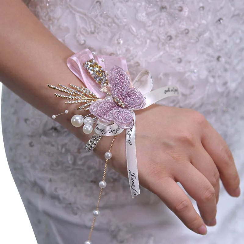 Luxury Butterflies Silk Ribbon Artificial Flowers Bracelet Wedding Accessories Bridal Bridesmaid Corsage Wrist Flower