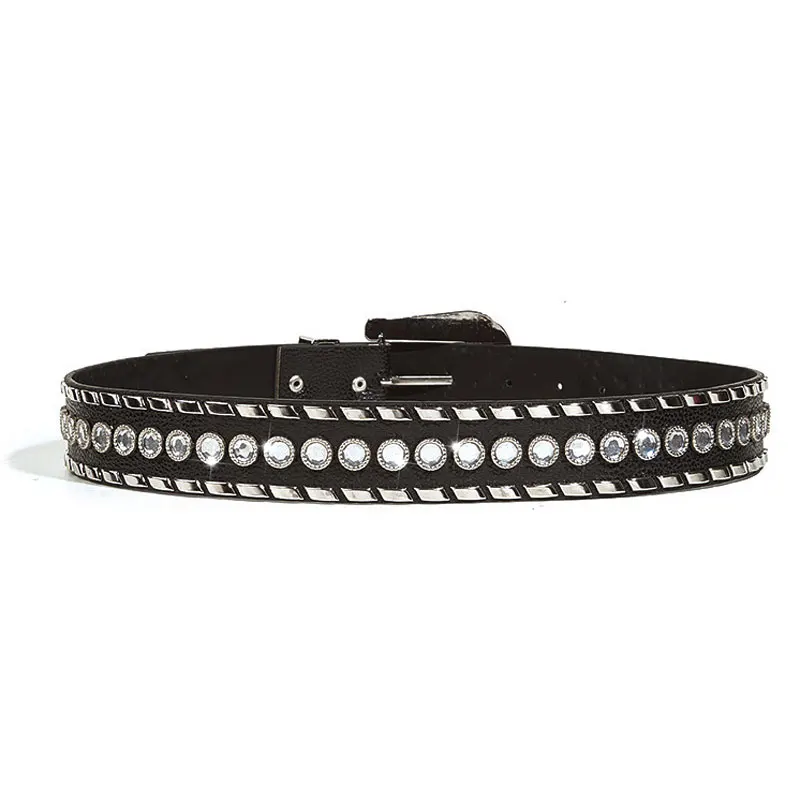 Top Selling Fashion Studded Punk Rivet Belts Stylish Rhine Stone Women Cool Girl PU Leather Belts Alloy Pin Buckle Waistband