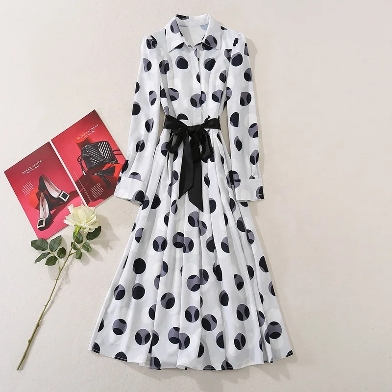 Spot Wholesale Summer New Large Polka Dot Printed Shirt Plus Size Skirt Lace Lapel Large Swing Mid-length Casual Dress