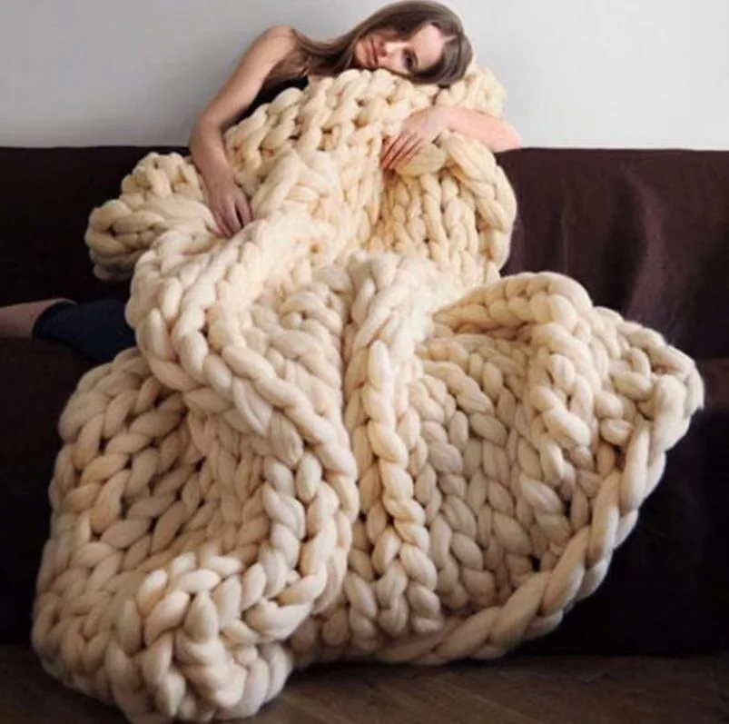 Fashion Hand Made Chunky Merino Wool Blanket Thick Big Yarn Roving Knitted Plaid Blanket Woven Boho Throw Blanket For Sofa Bed