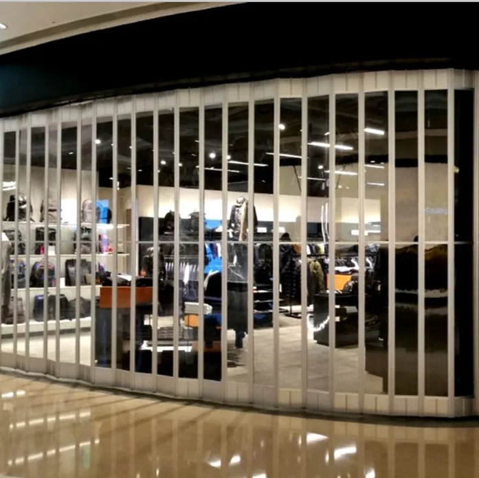 High-end brand cosmetics store door beautiful transparent pvc crystal aluminum alloy reinforced material folding door