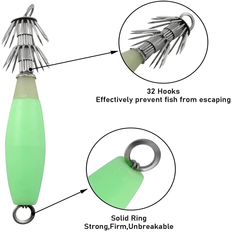5pcs Luminous Squid Jig Hooks 12 Stainless Steel Needles Fluorescent Fishing Cuttlefish Sleeve Squid Jig Baits Night Fishing