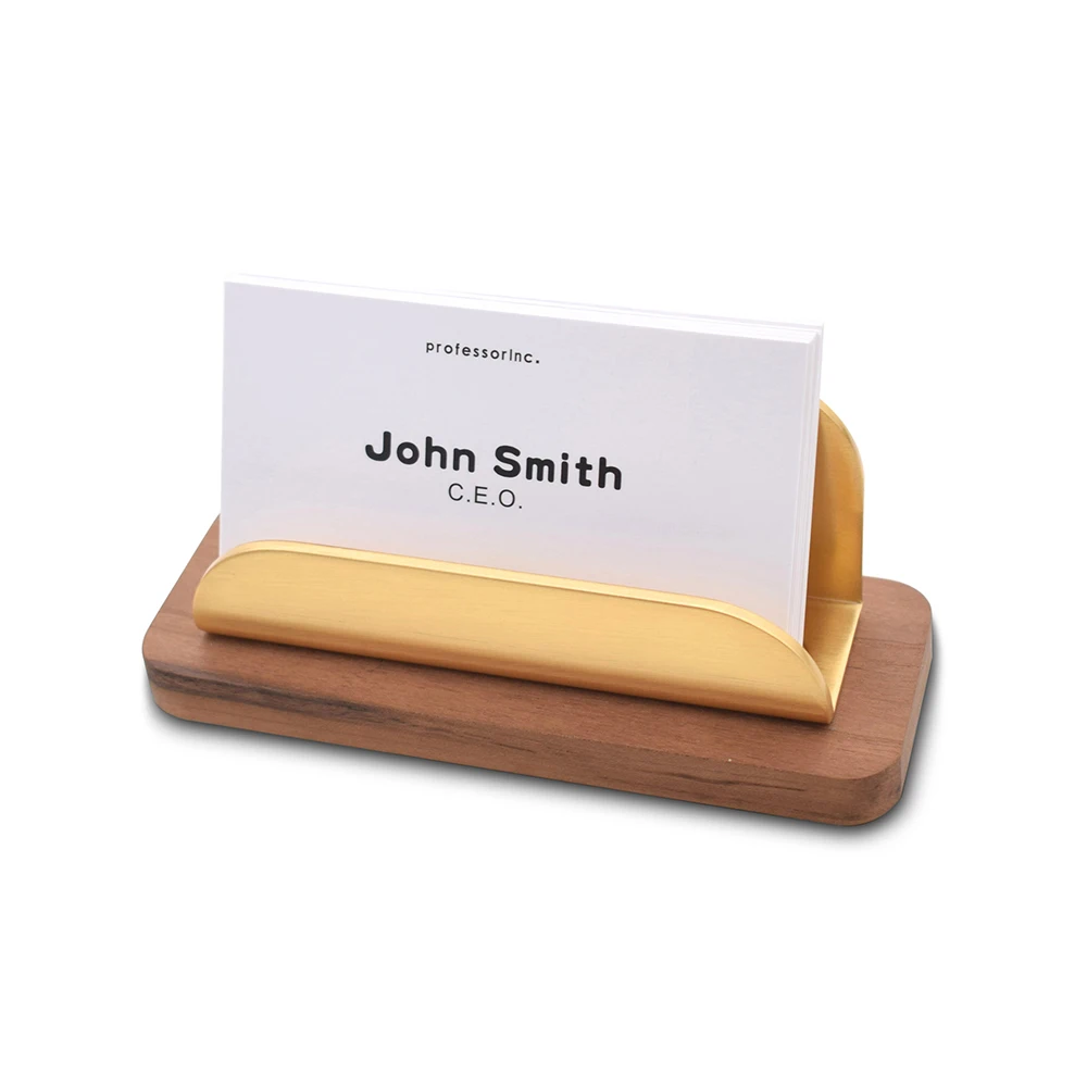 Wooden Business Card Holder Desktop Solid Brass Picture Stand Case with Wood Base Card Display Stand Business Card Display