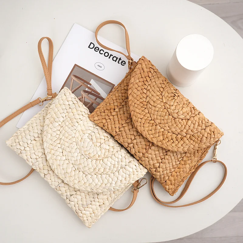 straw beach bag designer handbags famous brands PU shoulder pouch corn husk straw clutch handmade straw purse