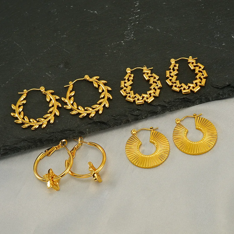 Fashion Women Jewelry Thick Chunky Stainless Steel 18K Gold Plated Stripes Snail Shell Shaped Spiral Hoops Hoop Earrings