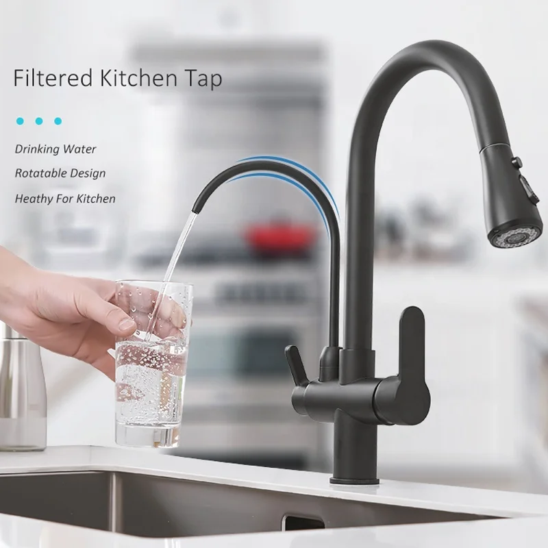 Black stainless steel three functions hot and cold drinking faucet tap pull out kitchen sink faucet