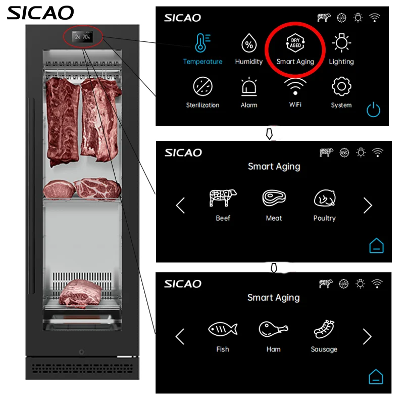 SICAO New AI One-click maturation Dri Dry Ager Fridge Display Deep Freezer Aged Aging Refrigerator kichen equipment Cabinet