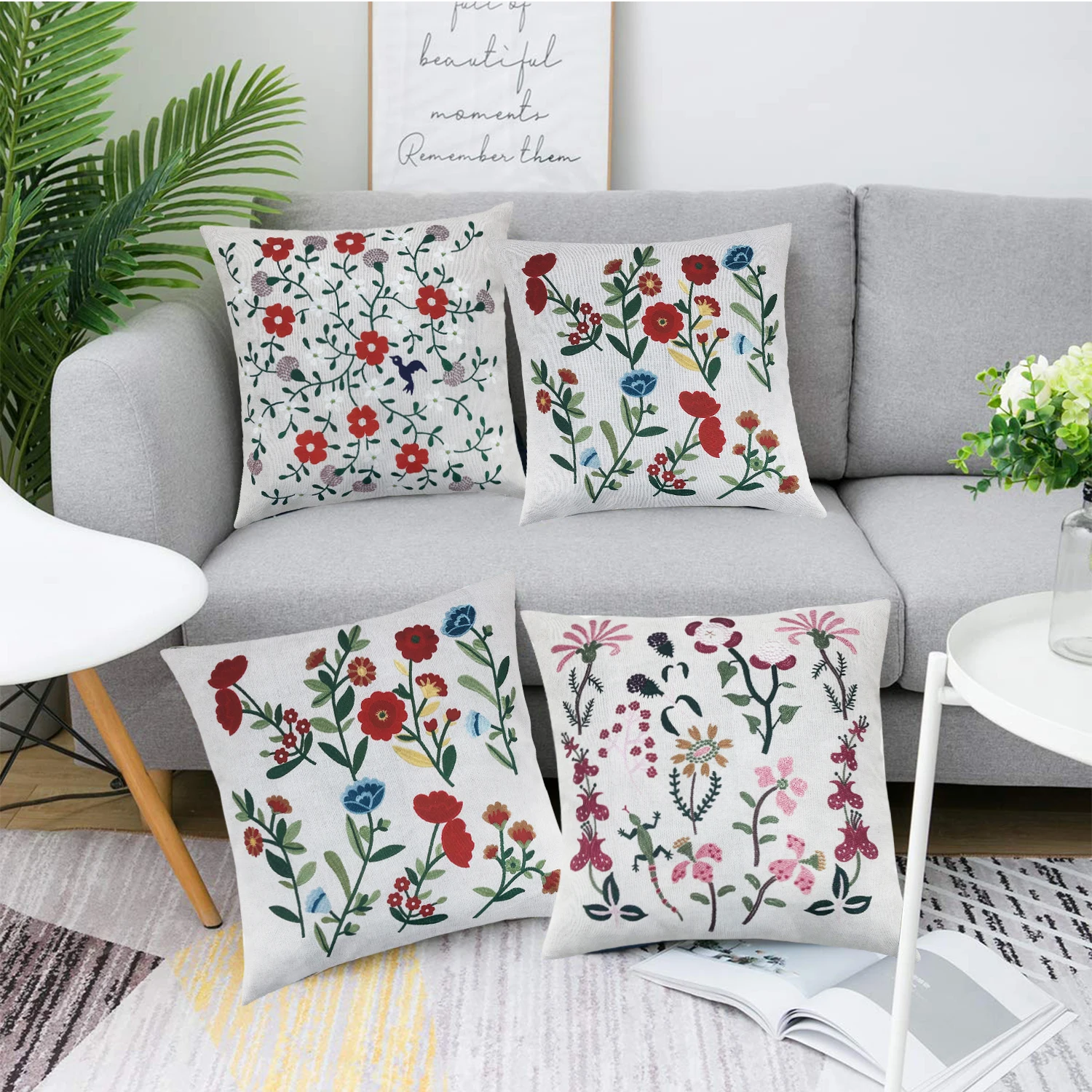 Boho Decorative Throw Pillow Cushion Faux Jacquard Embroidered Floral Pattern Square Pillow for Couch Sofa Bedroom Decor 180gsm