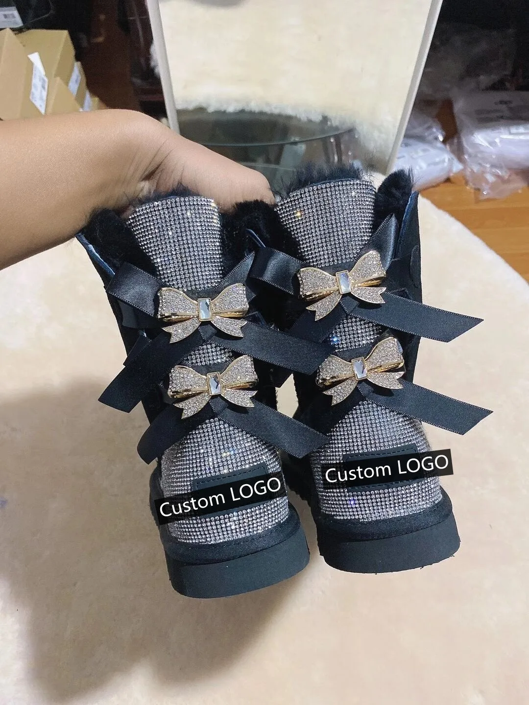Uggging Rhinestone Designer Luxury Two Bow shoes with box famous brands uggh custom Winter Outdoor Snow Boots For Women student