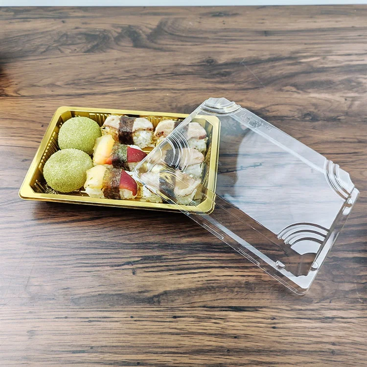 Custom Plastic Blister Anti Fog Lid Shallow Circle Gold Take Out To Go Disposable Sushi Pet Plates Dishes Set For Restaurant
