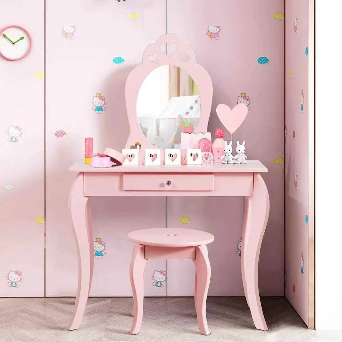 Kids Vanity Set with Mirror Children Dressing Table  Stool Set for Girls Makeup Vanities Wooden Dressing Table Baby Furniture