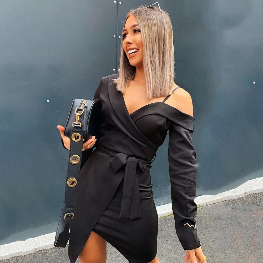 ZC00780 Elegant Spring Clothing Woman Sexy One Shoulder Suit Dress Office Suits Formal Black Causal Dresses For Women Clothes