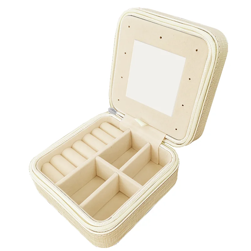 L 2022 Women New design Small silk inside trinket Organizer Jewellery Pink mirror Zippers PU Leather Jewelry Boxes