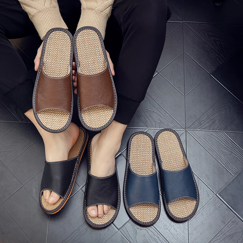 Hot Sale Linen Toe Slippers For Men Free Shipping Leather Summer Slippers For Men And Women House Shoes slippers