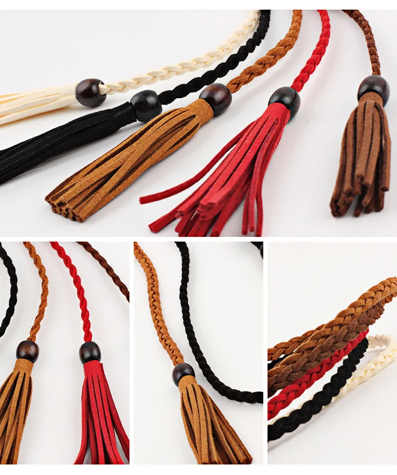Woven Style Fabric Tassel Waistband Braided Belt Waist Rope Chain Belt Women Decorated Ladies Tassel Belts With Wood Bead